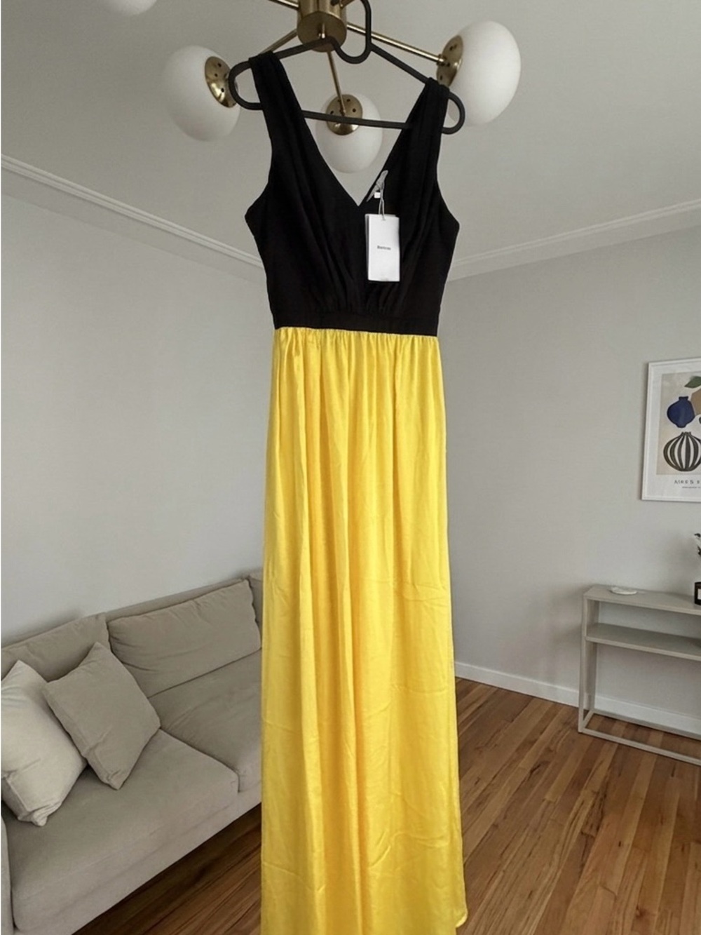 Bershka Black & Bright Yellow V-Neck Maxi Dress NWT - Picture 3 of 4